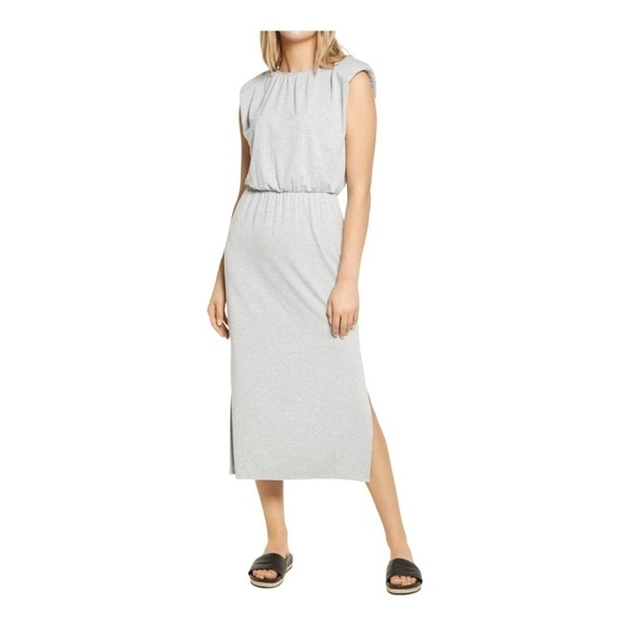 𝅺WAYF Padded Shoulder Midi Dress in light Heather gray - Picture 1 of 14